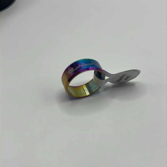 Heartline Etched Heart Pulse Rainbow Stainless Steel Ring Band - Picture 4 of 8